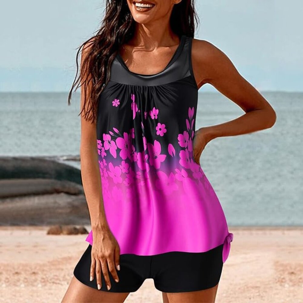 NEW WOMEN'S 2 PIECE COLOR BLOCK FLORAL TANKINI W/BOY SHORTS &‎ TUMMY CONTROL XL